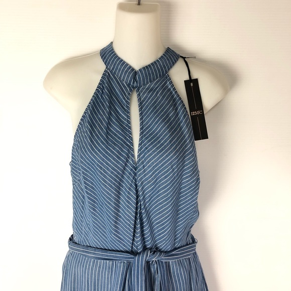 Striped Chambray Sleeveless Jumpsuit Keyhole NWT - Picture 2 of 7